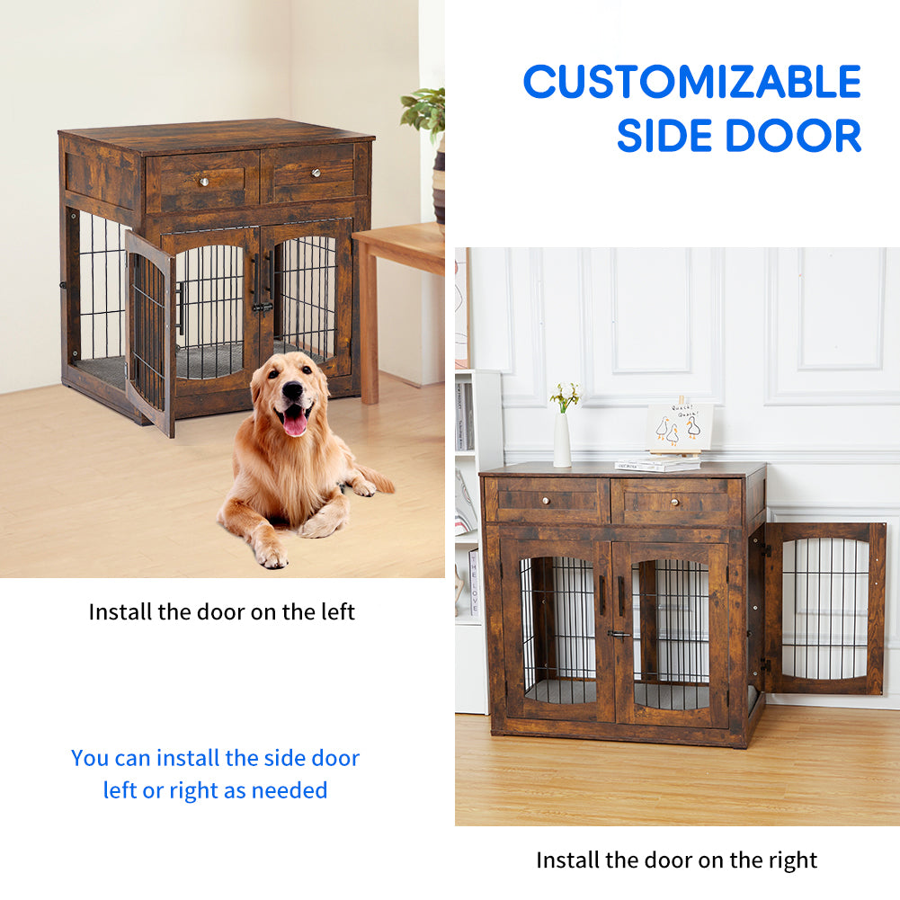 Garvee Dog Crate Furniture with Cushion, Wooden Dog Crate Table with 2 Drawers, Indoor 3-Doors Dog Kennel Furniture, Dog Cage Side End Table, Brown 39.4" L