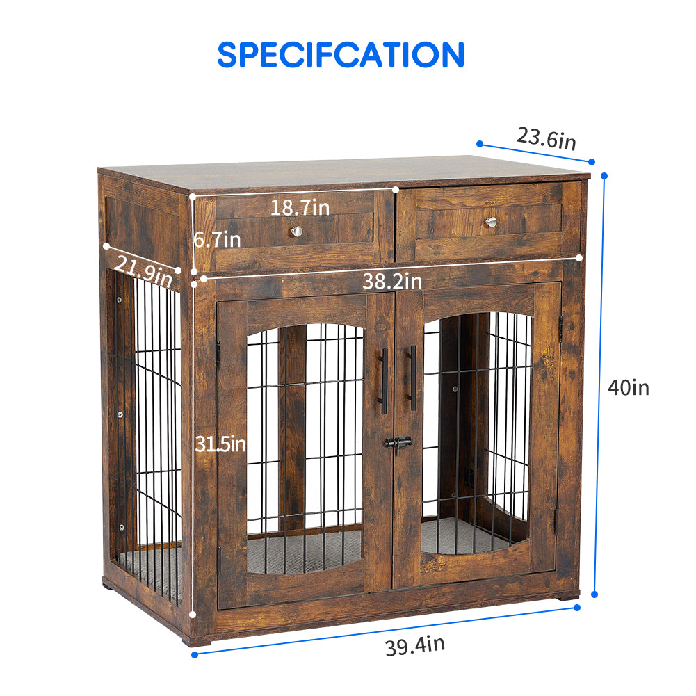 Garvee Dog Crate Furniture with Cushion, Wooden Dog Crate Table with 2 Drawers, Indoor 3-Doors Dog Kennel Furniture, Dog Cage Side End Table, Brown 39.4" L