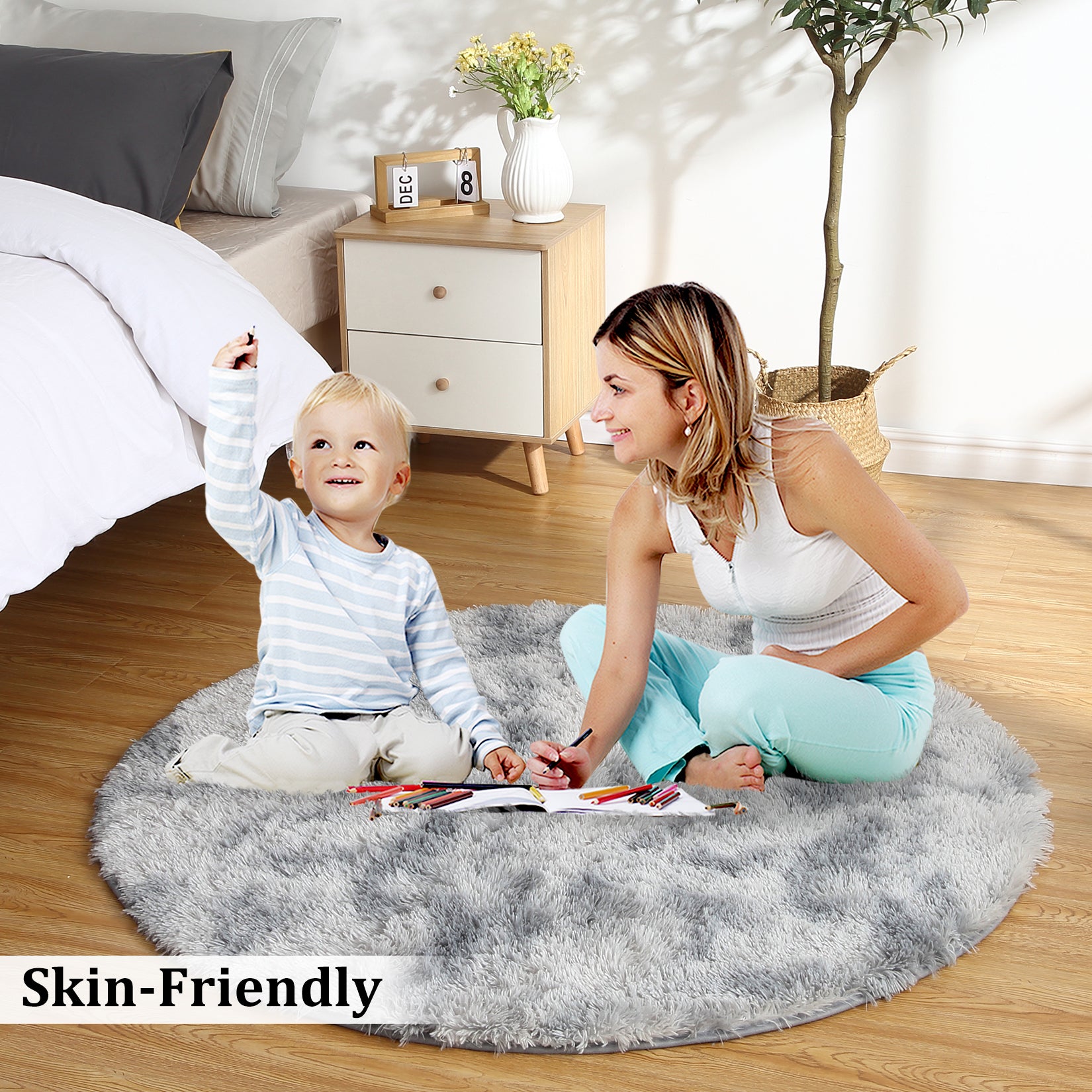 Garvee Fluffy & Sheepskin Light Grey 3.3'-Round Shag Rug Plush Shaggy Rugs Soft Area Rug for Bedroom Fluffy Area Rug Non-Slip Furry Plush Rugs Modern Accent Rug for Indoor Bedroom Living Room