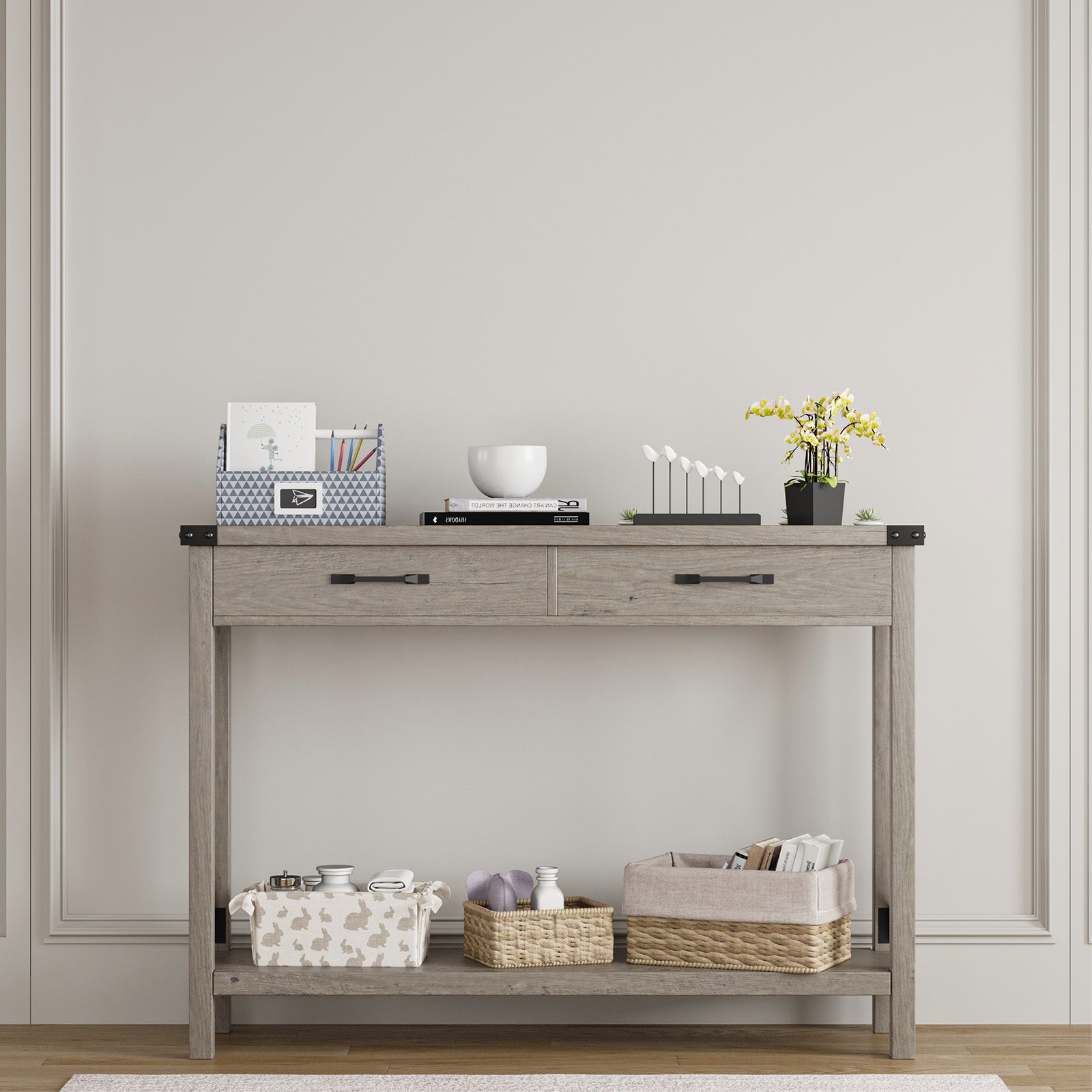 Garvee Console Table with 2 Drawers, Farmhouse Sofa Table with Storage Shelf, Accent Wood Entryway Table for Living Room, Hallway, Foyer-Grey