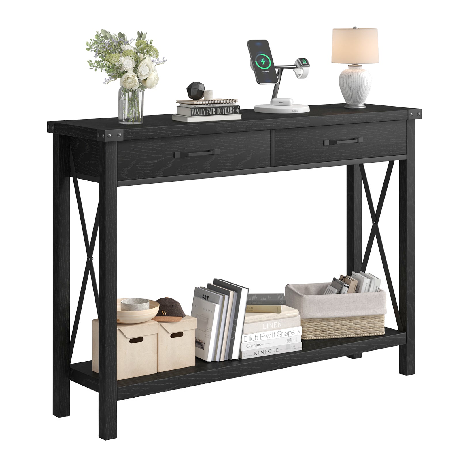 Garvee Console Table with 2 Drawers, Farmhouse Sofa Table with Storage Shelf, Accent Wood Entryway Table for Living Room, Hallway, Foyer-Black