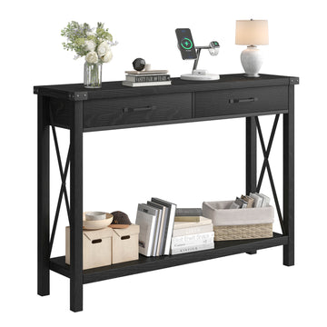 Garvee Console Table with 2 Drawers, Farmhouse Sofa Table with Storage Shelf, Accent Wood Entryway Table for Living Room, Hallway, Foyer-Black