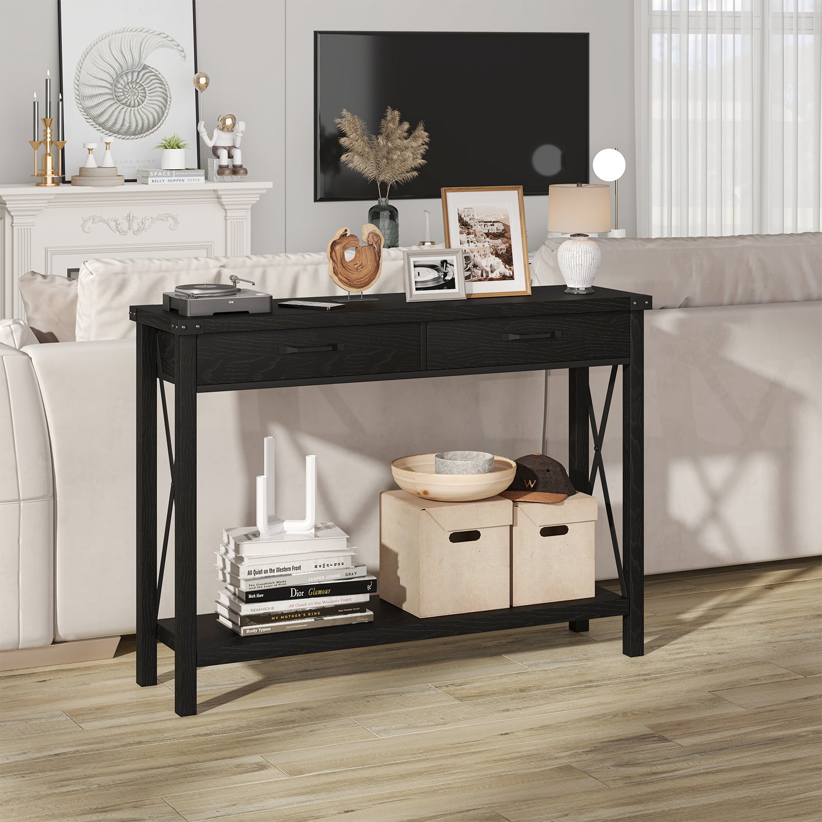 Garvee Console Table with 2 Drawers, Farmhouse Sofa Table with Storage Shelf, Accent Wood Entryway Table for Living Room, Hallway, Foyer-Black