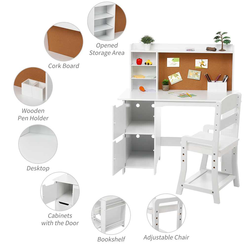 Garvee Kids Wooden Study Desk & Chair Set with Bulletin Board, Cabinets and Bookshelf Suitable for Age 3-10, White