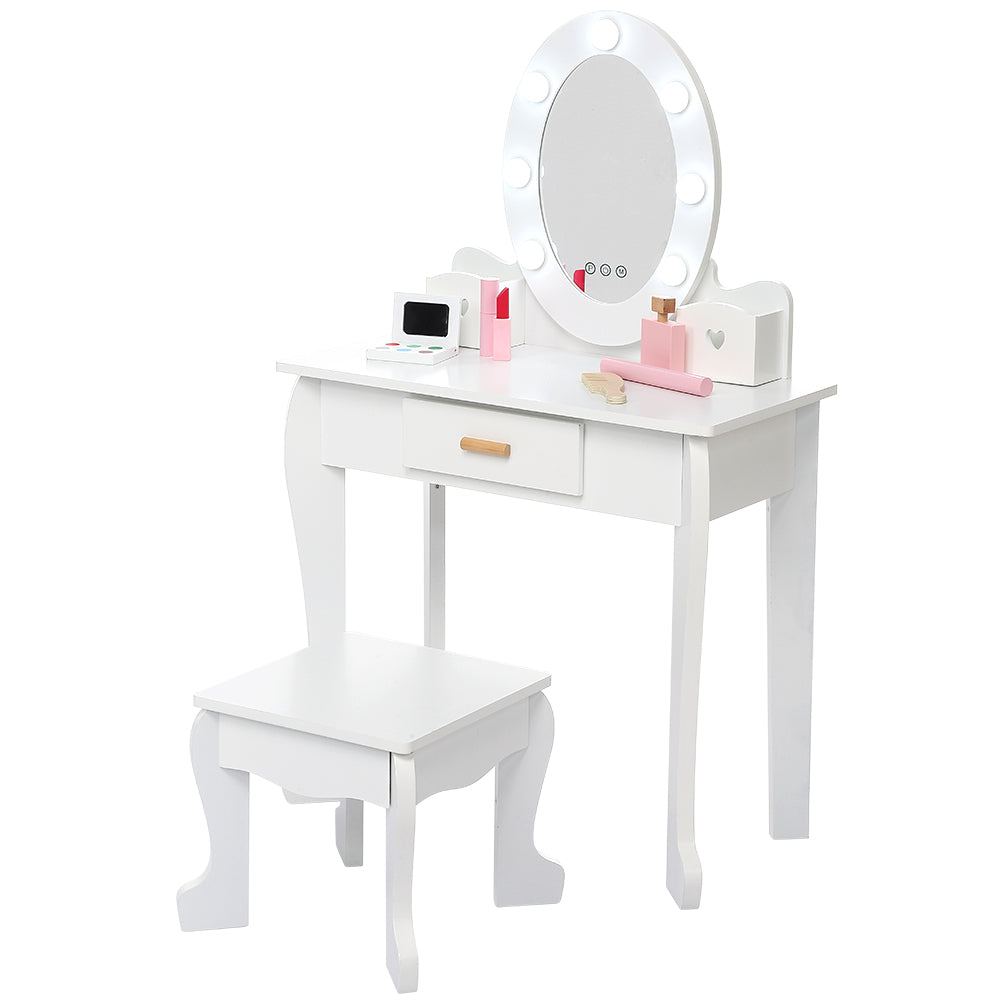 Garvee Kids' Vanity Table and Chair Set with Mirror, Girls' Makeup Dressing Table with Touch Lights & Wood Makeup Playset, Pretend Play, Princess Vanity Table for kids, Toddlers, Age 4-9, White