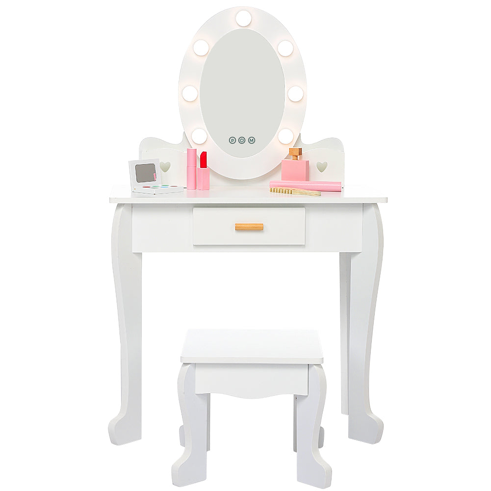 Garvee Kids' Vanity Table and Chair Set with Mirror, Girls' Makeup Dressing Table with Touch Lights & Wood Makeup Playset, Pretend Play, Princess Vanity Table for kids, Toddlers, Age 4-9, White