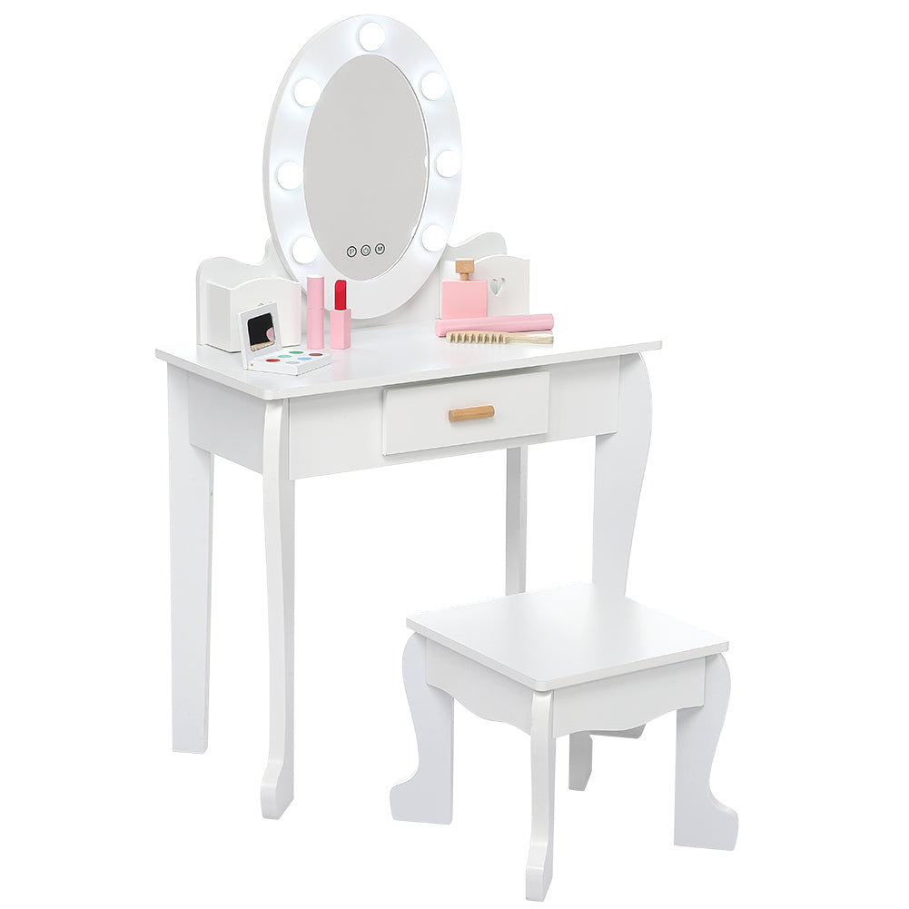 Garvee Kids' Vanity Table and Chair Set with Mirror, Girls' Makeup Dressing Table with Touch Lights & Wood Makeup Playset, Pretend Play, Princess Vanity Table for kids, Toddlers, Age 4-9, White