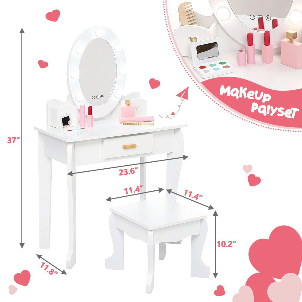 Garvee Kids' Vanity Table and Chair Set with Mirror, Girls' Makeup Dressing Table with Touch Lights & Wood Makeup Playset, Pretend Play, Princess Vanity Table for kids, Toddlers, Age 4-9, White