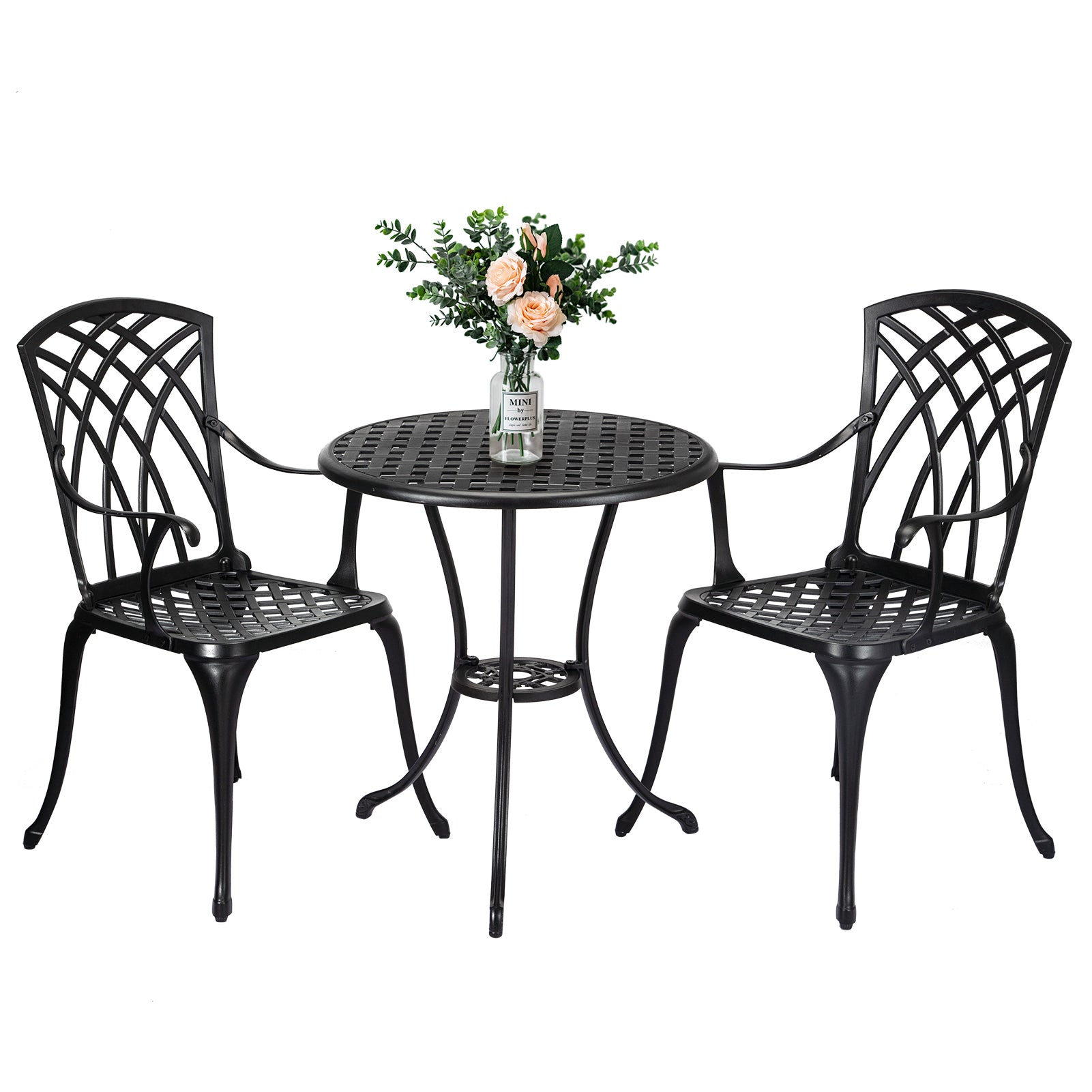 Garvee Patio Bistro Set with Umbrella Hole, 3 Piece Cast Aluminum Bistro Table and Chairs Set, Patio Table and Chairs, Bistro Set for Patio Backyard, Garden, Patio Balcony, Black