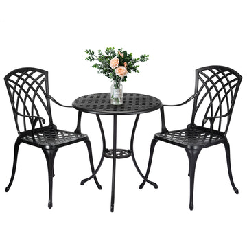 Garvee Patio Bistro Set with Umbrella Hole, 3 Piece Cast Aluminum Bistro Table and Chairs Set, Patio Table and Chairs, Bistro Set for Patio Backyard, Garden, Patio Balcony, Black