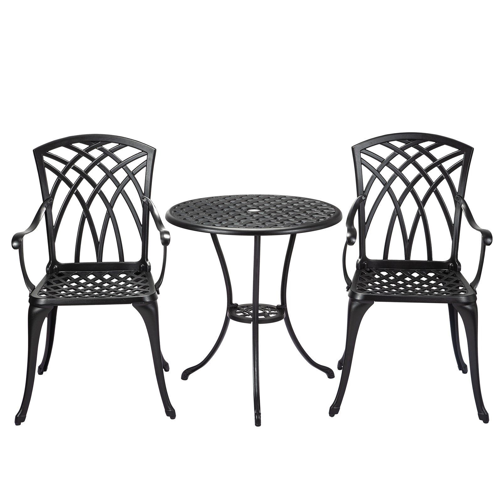 Garvee Patio Bistro Set with Umbrella Hole, 3 Piece Cast Aluminum Bistro Table and Chairs Set, Patio Table and Chairs, Bistro Set for Patio Backyard, Garden, Patio Balcony, Black