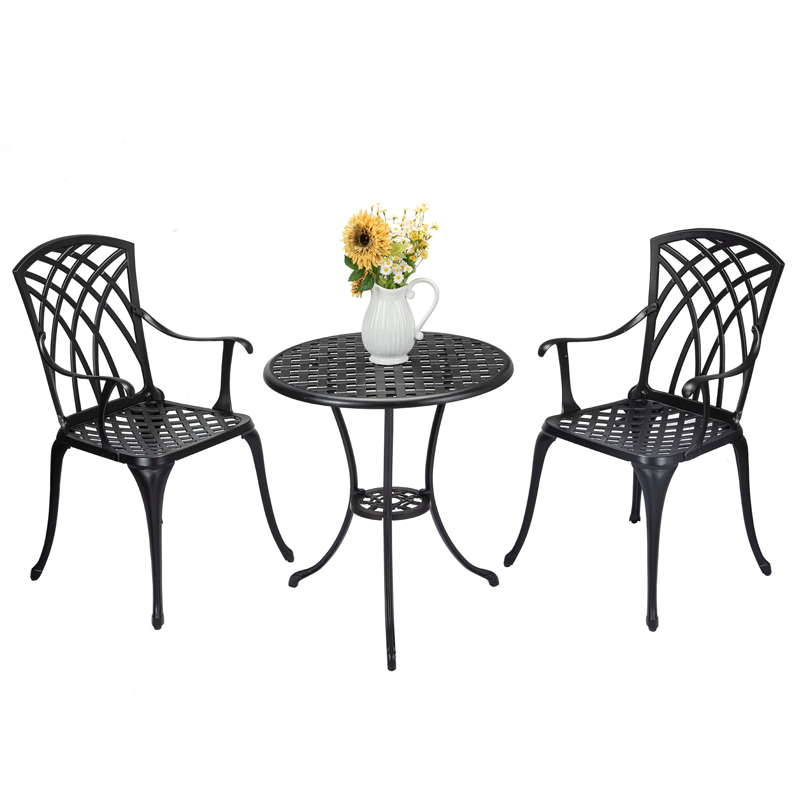 Garvee Patio Bistro Set with Umbrella Hole, 3 Piece Cast Aluminum Bistro Table and Chairs Set, Patio Table and Chairs, Bistro Set for Patio Backyard, Garden, Patio Balcony, Black