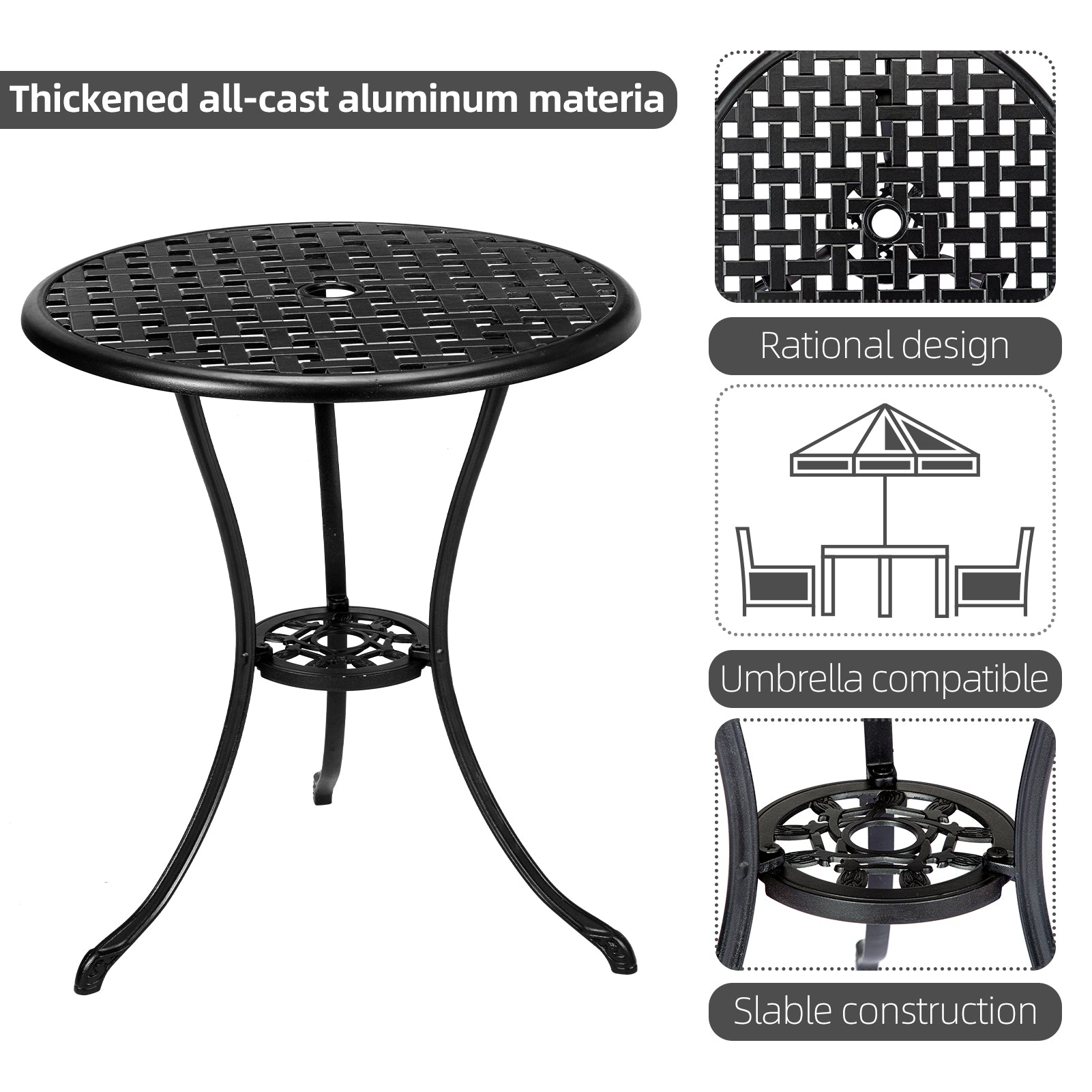 Garvee Patio Bistro Set with Umbrella Hole, 3 Piece Cast Aluminum Bistro Table and Chairs Set, Patio Table and Chairs, Bistro Set for Patio Backyard, Garden, Patio Balcony, Black