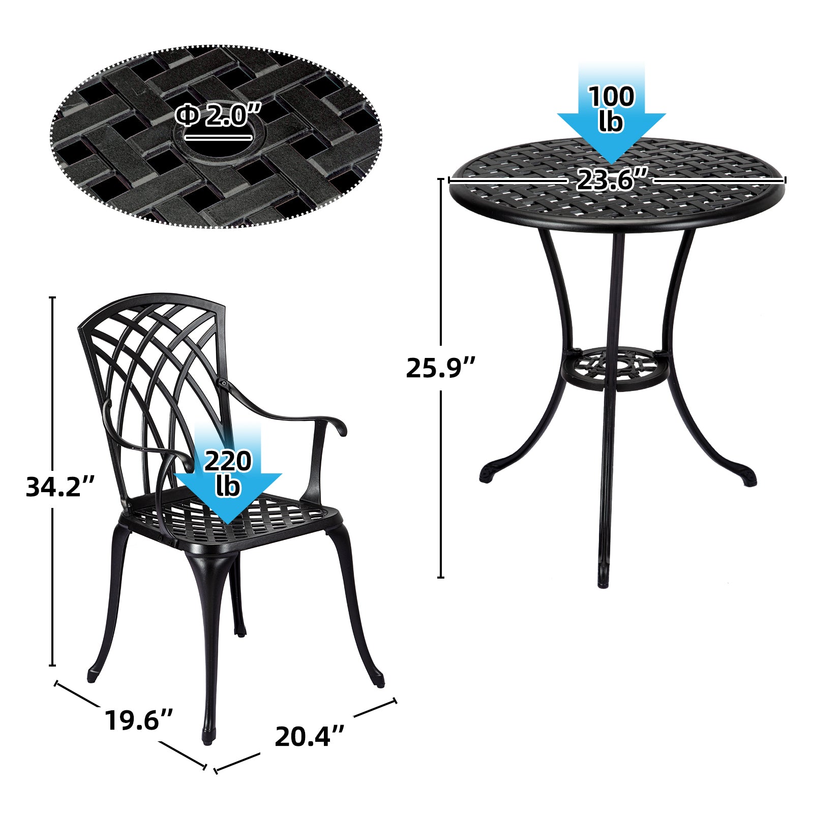 Garvee Patio Bistro Set with Umbrella Hole, 3 Piece Cast Aluminum Bistro Table and Chairs Set, Patio Table and Chairs, Bistro Set for Patio Backyard, Garden, Patio Balcony, Black