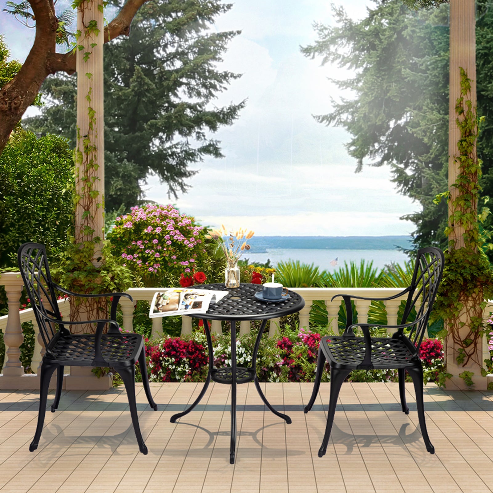 Garvee Patio Bistro Set with Umbrella Hole, 3 Piece Cast Aluminum Bistro Table and Chairs Set, Patio Table and Chairs, Bistro Set for Patio Backyard, Garden, Patio Balcony, Black