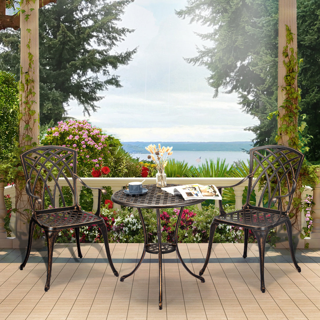 Garvee 3-Piece Patio Bistro Set with Umbrella Hole - Cast Aluminum Table & Chairs, Bronze Bistro Set for Backyard, Garden, Balcony, Patio