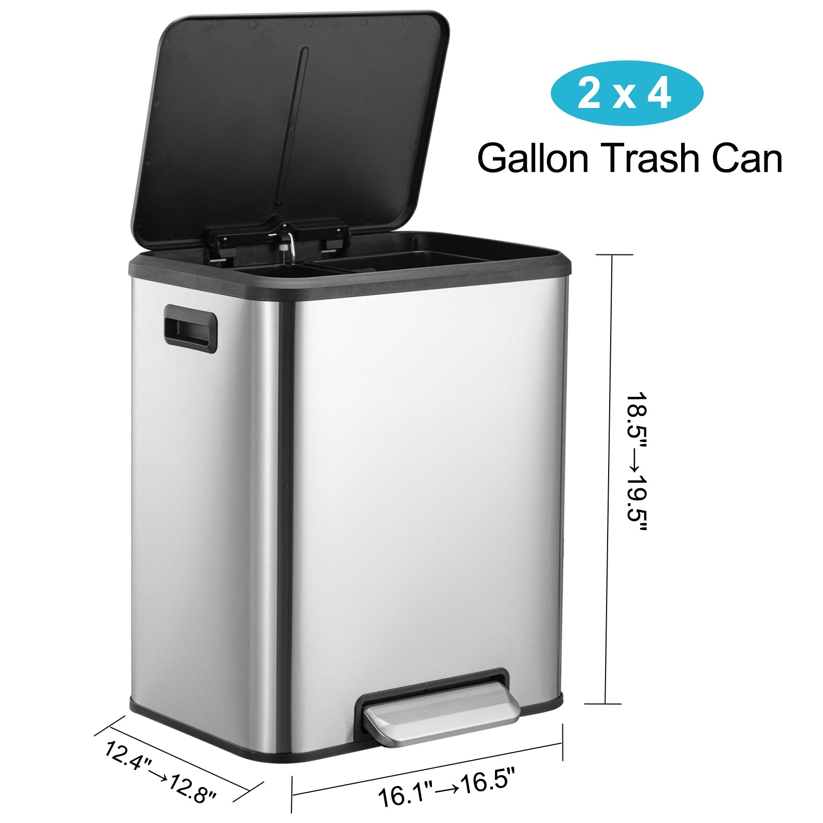 Garvee 2x4 Gallon Kitchen Dual Trash Can and Recycling Bin Stainless Steel Removable Inner Bin and Soft Close Lid for Home Office Business, Silver