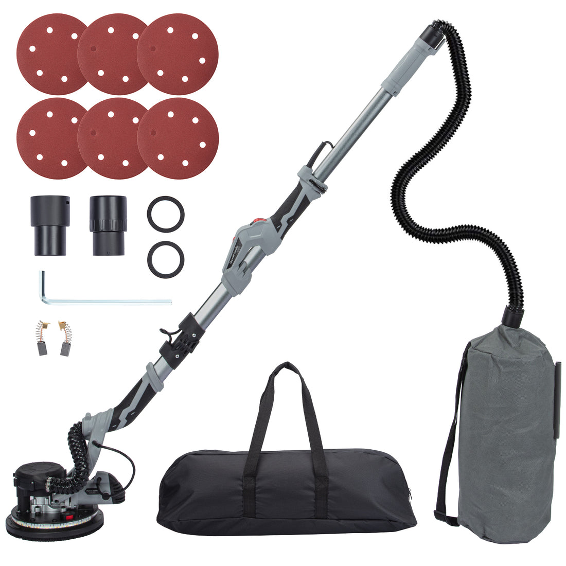 800W Electric drywall sander with 6.6ft dust hose, extendable handle, and foldable design for easy storage.