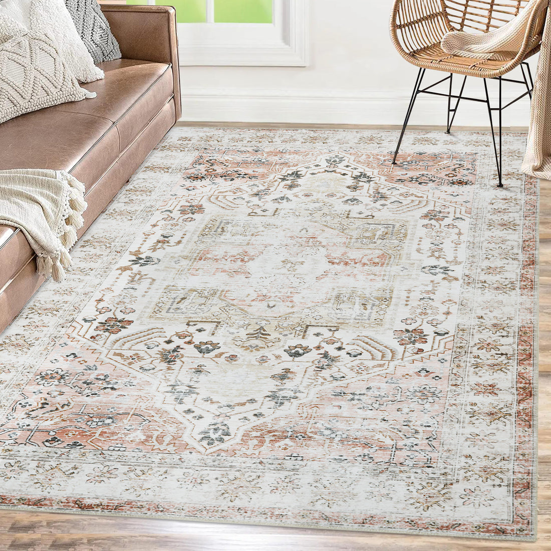 Garvee Oriental Taupe 9x12 Vintage Area Rug - Machine Washable, Non-Slip, Light weight, Foldable Distressed Chenille Carpet for Bedroom, Living Room