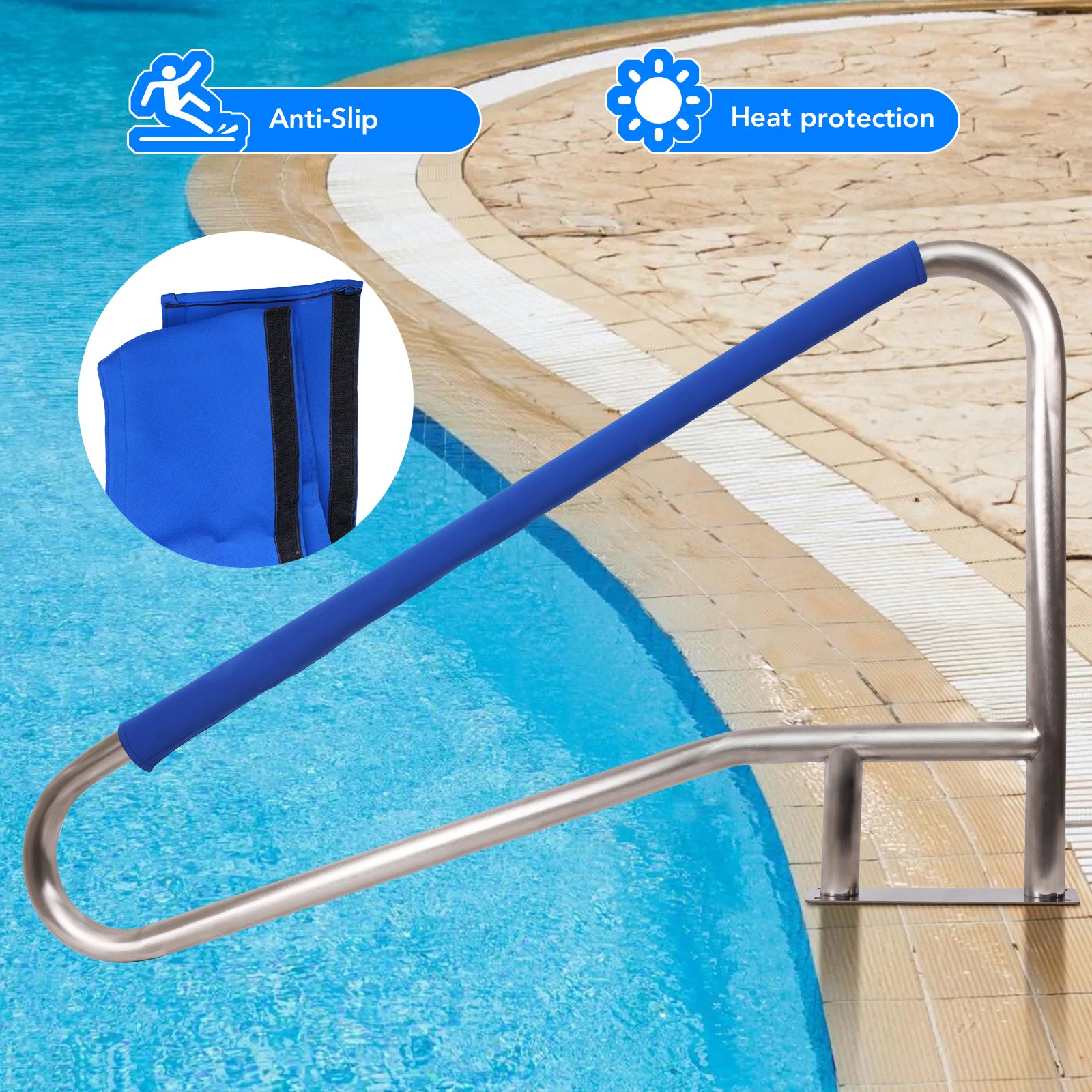 Garvee 54"x36" Stainless Steel Swimming Pool Stair Rail - 250 lbs Load Capacity, Rustproof Handrail with Blue Grip Cover for Inground Pools