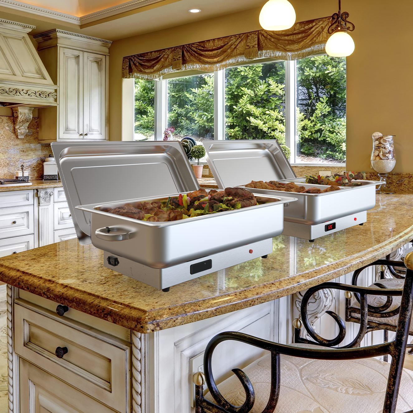 Garvee 9QT(2×1/2Pan)Electric Chafing Dish with Temperature Control, Stainless Steel Buffet Servers and Warmers, Electric Chafing Dish Set with Temperature Control for Catering