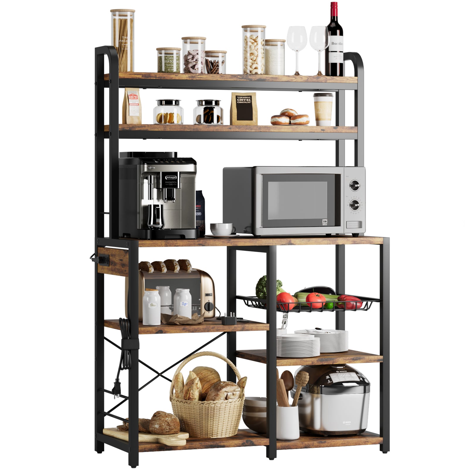 Garvee Bakers Rack with Power Outlet, Coffee Bar with Wire Drawer, Microwave Stand, Kitchen Buffet Table with Large Storage, 6-Tier Kitchen Storage Rack with Hutch for Dining, Living Room, Brown