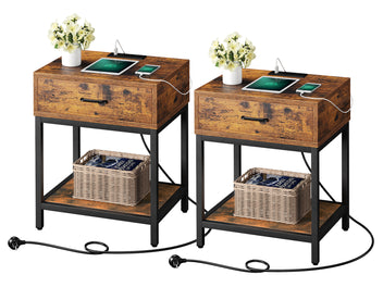 Garvee Modern Nightstand with Charging Ports, Type-C & USB, Storage Shelf, MDF Material, for Bedroom & Living Room (2pcs-Brown)