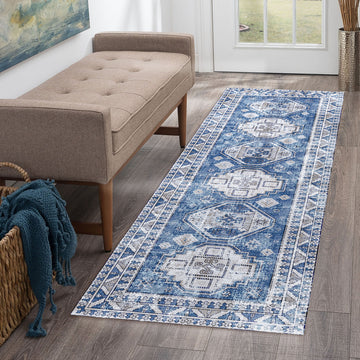 Garvee Runner Rug 2x8 Feet Washable Non-Slip Vintage Medallion Hallway Runner, Stain Resistant Traditional Distressed Kitchen Mat Laundry Entryway Carpet Runner for Doorway Bedside, Blue