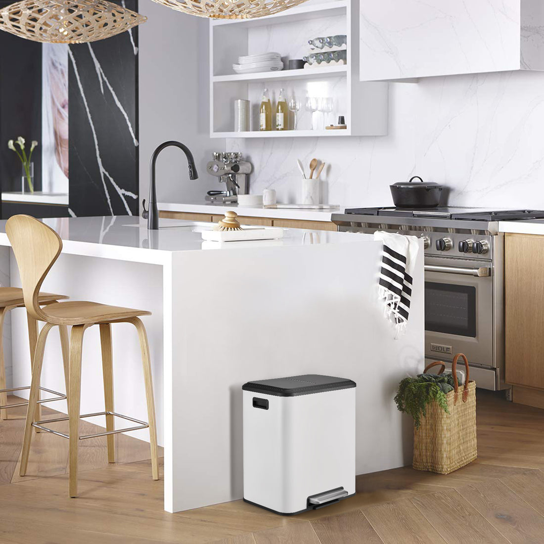 Garvee 2x4 Gallon Kitchen Dual Trash Can and Recycling Bin Stainless Steel Removable Inner Bin and Soft Close Lid for Home Office Business, White