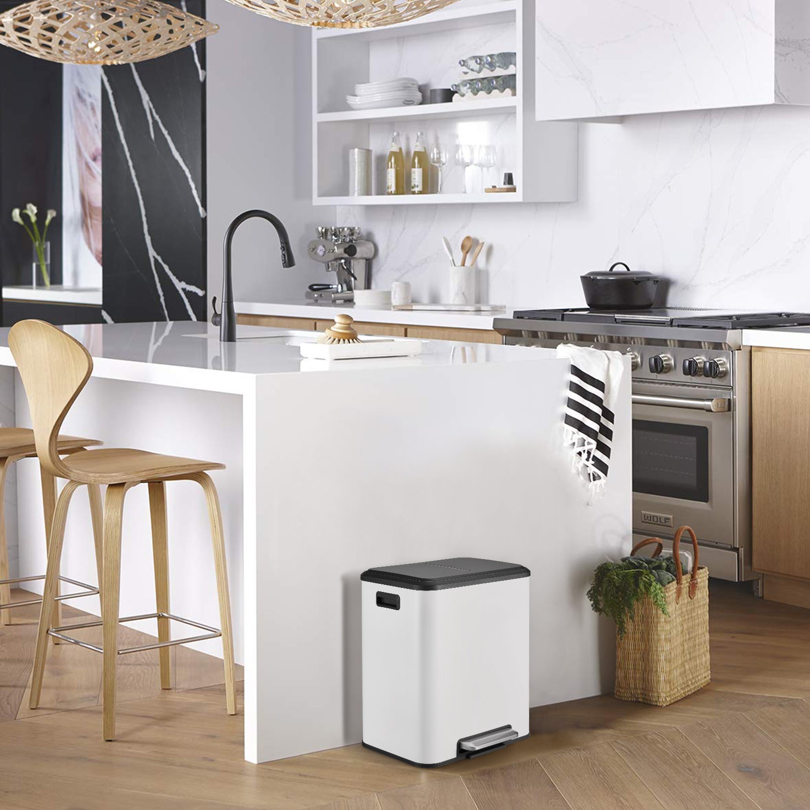 Garvee 2x15L Dual Bin Trash Can, Stainless Steel Rectangular Waste Bin with Soft-Close Airtight Lid for Kitchen/Dining/Living Room, White