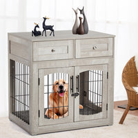 Dog Crate Furniture with 3 Doors, 39.4'' Large 2 Drawer & Cushion, Wooden House Kennel for Medium/Large Dog, Dog Table Up to 130 lbs, Indoor End House, Grey