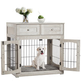 Garvee Dog Crate Furniture with Cushion,Wooden Dog Crate Table with 2 Drawers, 3-Doors Dog Furniture, Indoor Dog Kennel House Side End Table, Grey - Grey