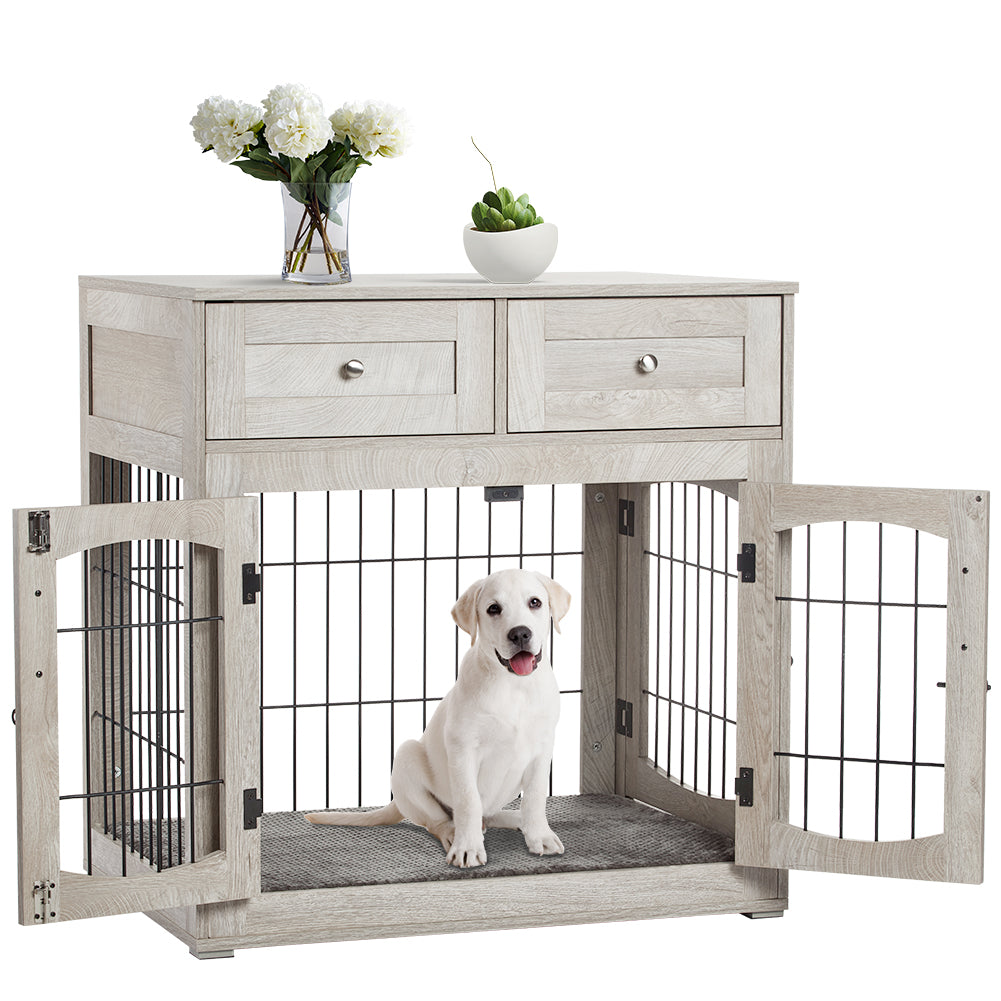 Garvee Dog Crate Furniture with Cushion,Wooden Dog Crate Table with 2 Drawers, 3-Doors Dog Furniture, Indoor Dog Kennel House Side End Table, Grey