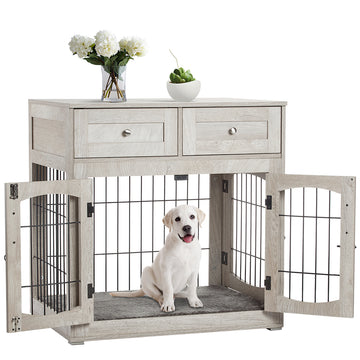 Garvee Dog Crate Furniture with Cushion,Wooden Dog Crate Table with 2 Drawers, 3-Doors Dog Furniture, Indoor Dog Kennel House Side End Table, Grey