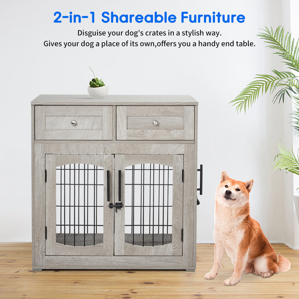 Dog Crate Furniture with 3 Doors, 39.4'' Large 2 Drawer & Cushion, Wooden House Kennel for Medium/Large Dog, Dog Table Up to 130 lbs, Indoor End House, Grey