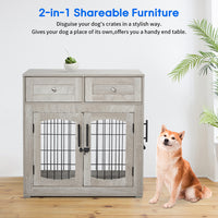 Dog Crate Furniture with 3 Doors, 39.4'' Large 2 Drawer & Cushion, Wooden House Kennel for Medium/Large Dog, Dog Table Up to 130 lbs, Indoor End House, Grey