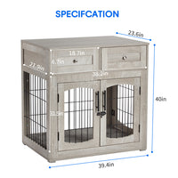 Dog Crate Furniture with 3 Doors, 39.4'' Large 2 Drawer & Cushion, Wooden House Kennel for Medium/Large Dog, Dog Table Up to 130 lbs, Indoor End House, Grey