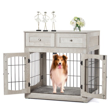 Dog Crate Furniture with 3 Doors, 39.4'' Large 2 Drawer & Cushion, Wooden House Kennel for Medium/Large Dog, Dog Table Up to 130 lbs, Indoor End House, Grey