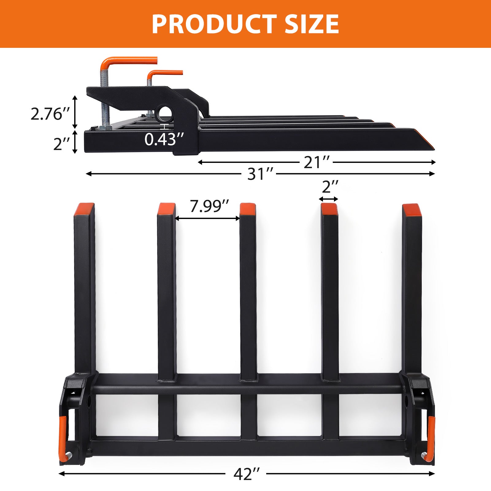 Garvee 42" Clamp-On Debris Forks for Tractor Buckets, 2500 lb 5-Tine Bucket Fork Attachment for Brush, Logs & Yard Cleanup