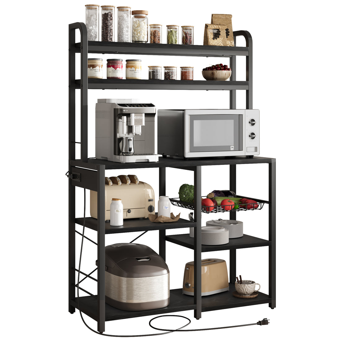 Garvee Bakers Rack with Power Outlet, Coffee Bar with Wire Drawer, Microwave Stand, Kitchen Buffet Table with Large Storage, 6-Tier Kitchen Storage Rack with Hutch for Dining, Living Room, Black