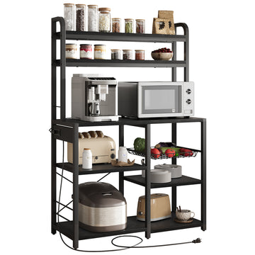 Garvee Bakers Rack with Power Outlet, Coffee Bar with Wire Drawer, Microwave Stand, Kitchen Buffet Table with Large Storage, 6-Tier Kitchen Storage Rack with Hutch for Dining, Living Room, Black