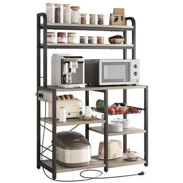 Garvee Bakers Rack with Power Outlet, Coffee Bar with Wire Drawer, Microwave Stand, Kitchen Buffet Table with Large Storage, 6-Tier Kitchen Storage Rack with Hutch for Dining, Living Room, Grey