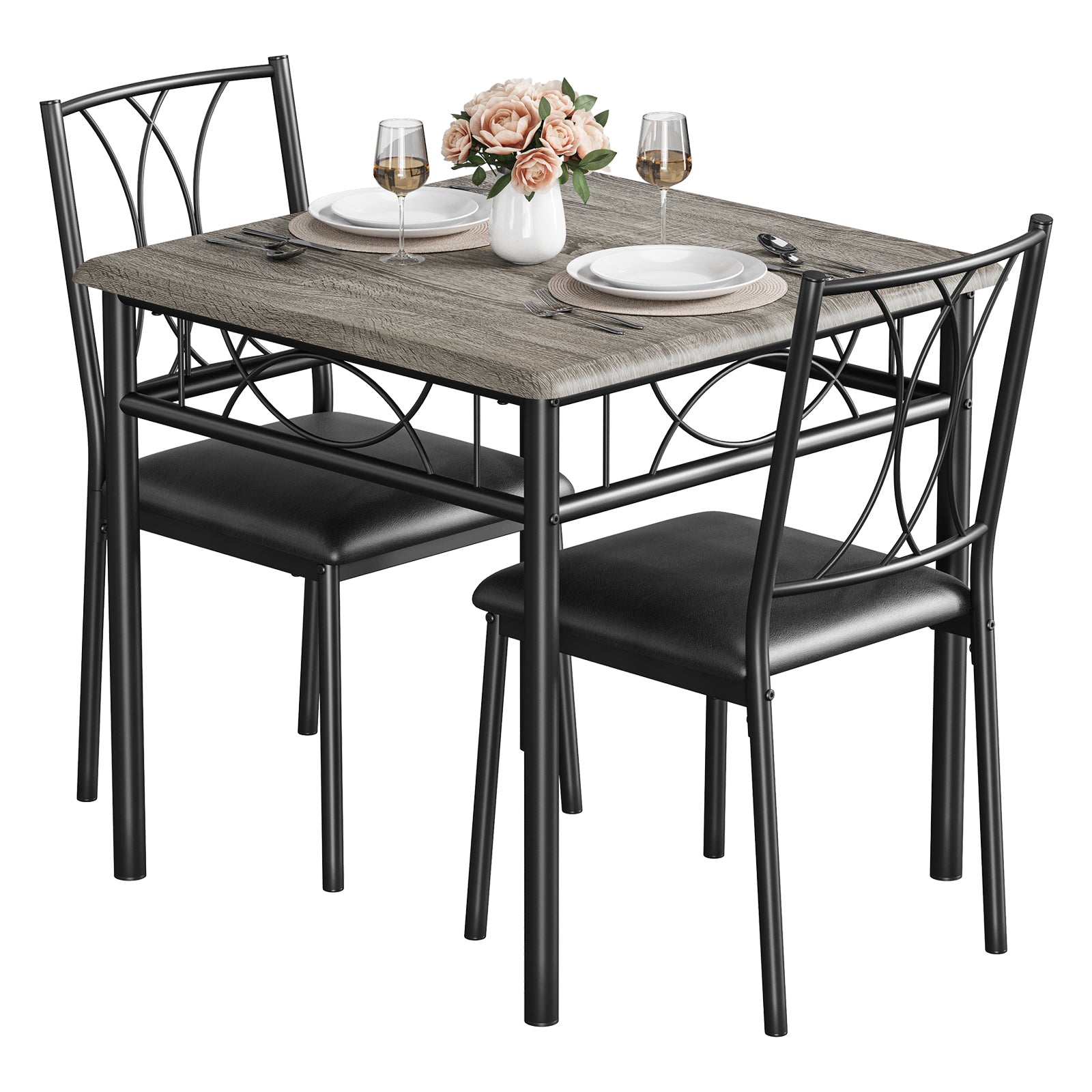 Garvee Dining Table Set for 2 with Cushioned Chairs + 3 Piece Kitchen Set + Wood + Space-Saving + Easy Assembly + Grey