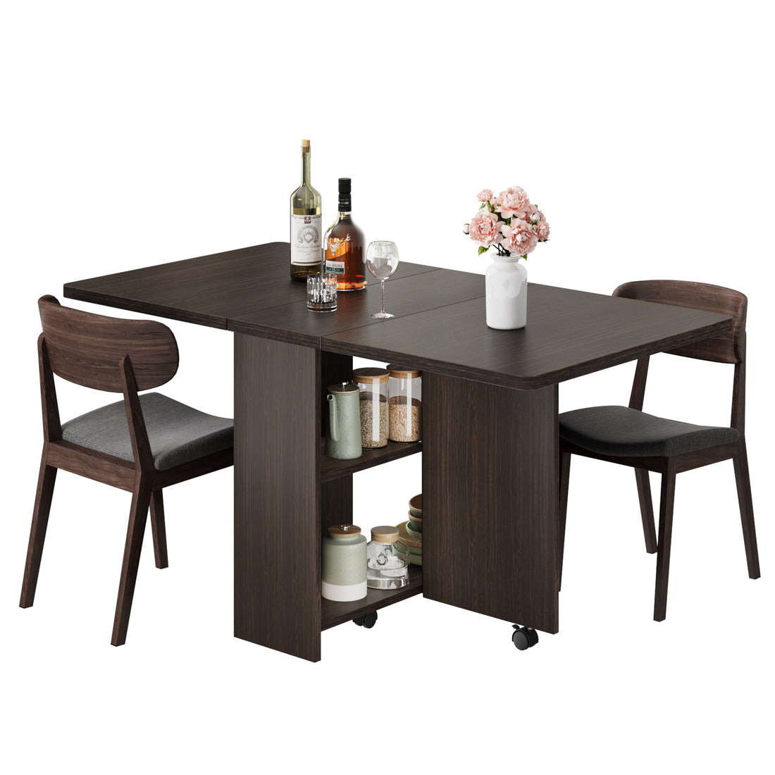 Garvee 47.2" Folding Dining Table, Drop Leaf Dining Table for 4, Foldable Kitchen Table with 2 Storage Shelf, 6 Wheels, Movable Space Saving Dining Tables for Small Spaces, Dark Walnut, Small