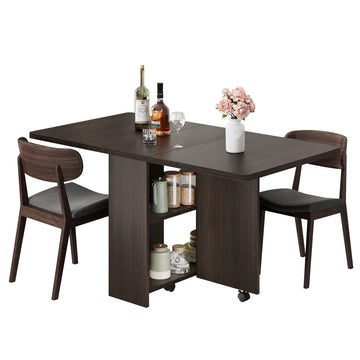 Garvee 51.1" Folding Dining Table, Drop Leaf Dining Table for 4, Foldable Kitchen Table with 2 Storage Shelf, 6 Wheels, Movable Space Saving Dining Tables for Small Spaces, Dark Walnut, Large