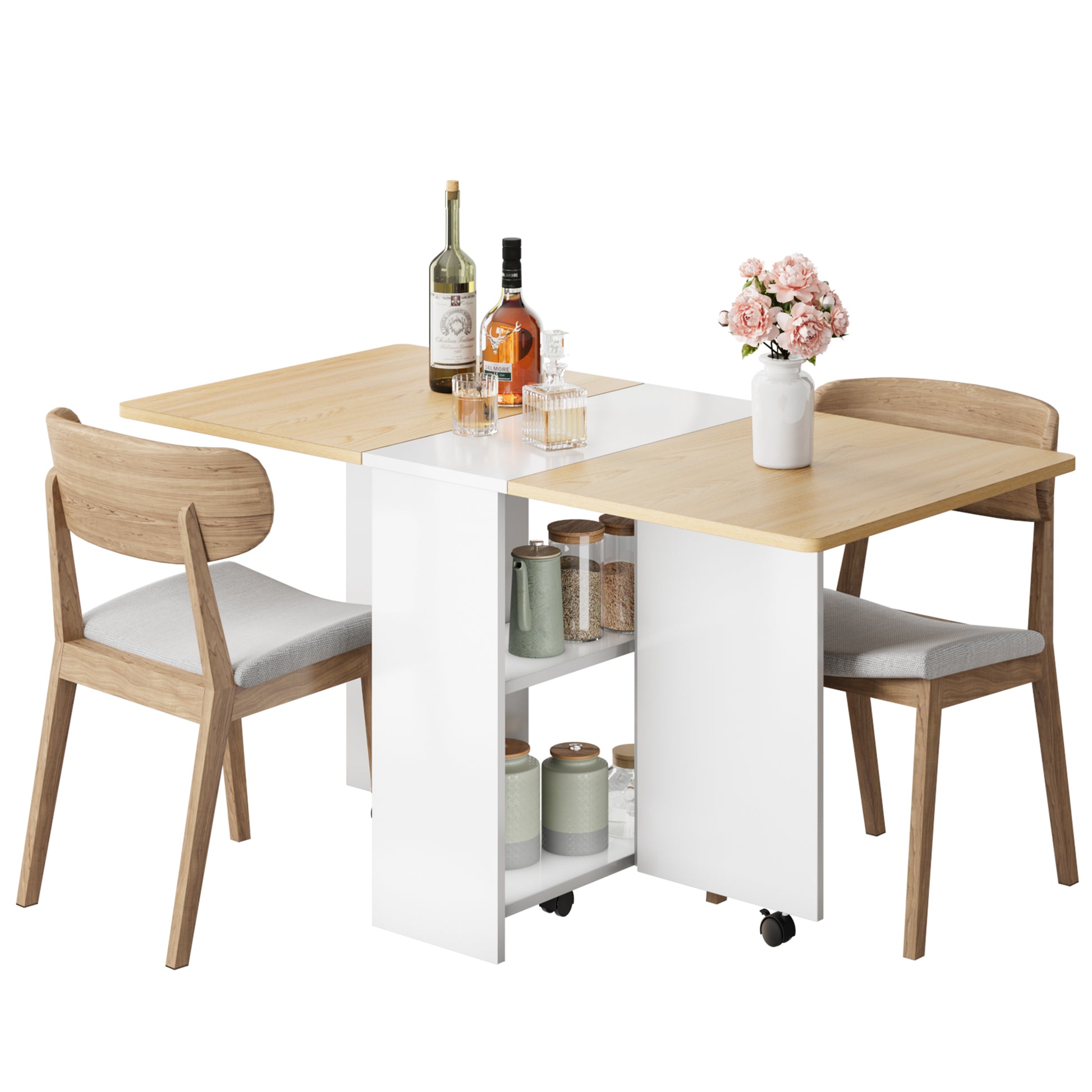 Garvee Folding Dining Table, Drop Leaf Dining Table for 4, Foldable Kitchen Table with 2 Storage Shelf, 6 Wheels, Movable Space Saving Dining Tables for Small Spaces, White