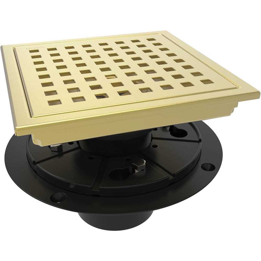 Garvee Square Shower Floor Drain, 4 Inch Brushed Gold Drain Strainers, Removable Grid Grate, Drain Kit with Flange with Hair Filter, 304 Stainless Steel, Abs Fixing Tray, CUPC Certified (Brushed Gold)