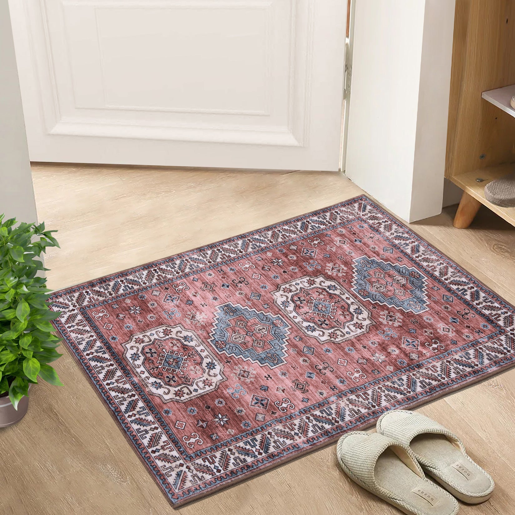 Garvee Vintage Washable Area Rug 2'x3' Doormat Boho Rug Faux Cashmere Non Slip Rugs for Living Room Bedroom Oriental Rug Mat Stain Resistant Throw Rug Kitchen Dining Home Office, Reddish Brown