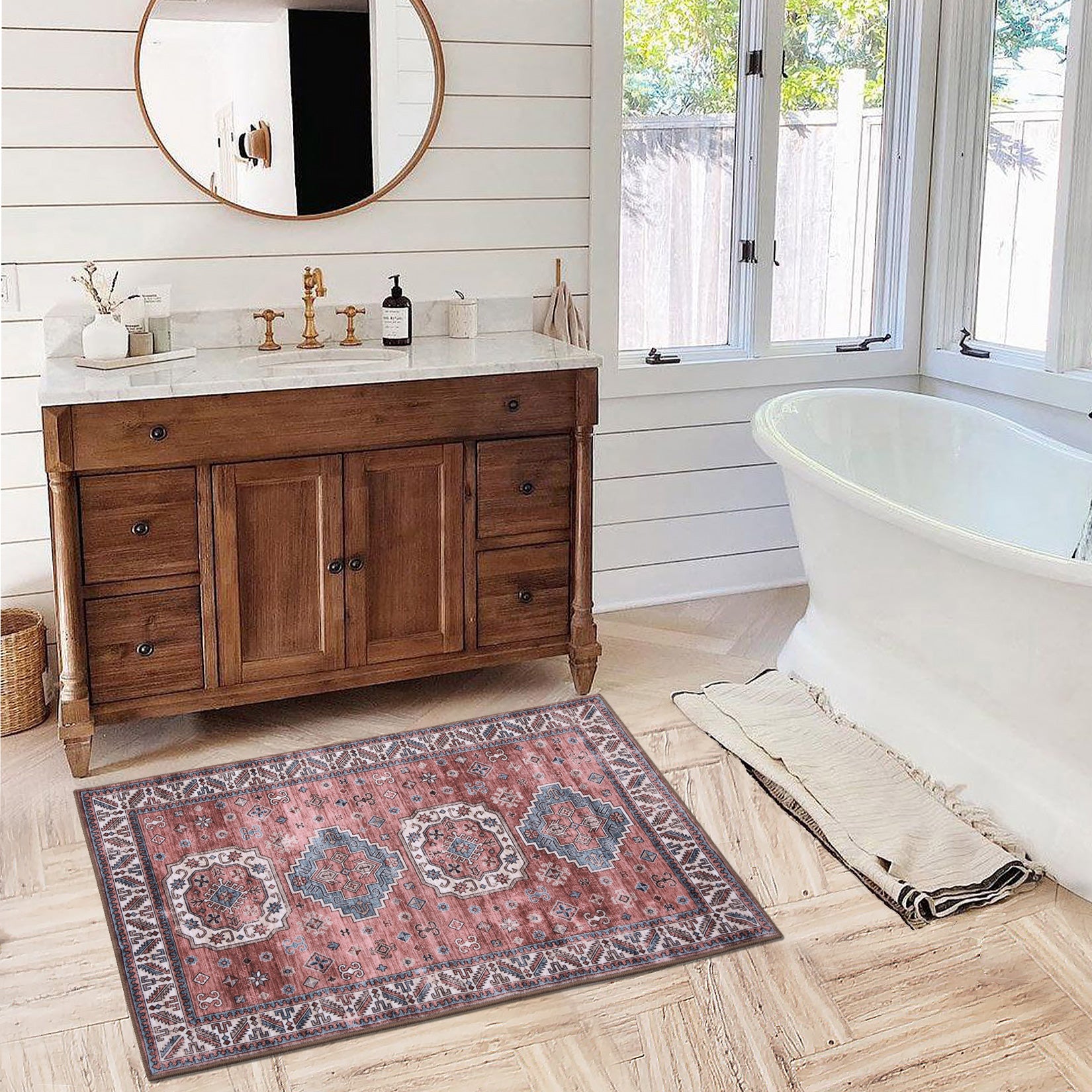 Garvee Vintage Washable Area Rug 2'x3' Doormat Boho Rug Faux Cashmere Non Slip Rugs for Living Room Bedroom Oriental Rug Mat Stain Resistant Throw Rug Kitchen Dining Home Office, Reddish Brown