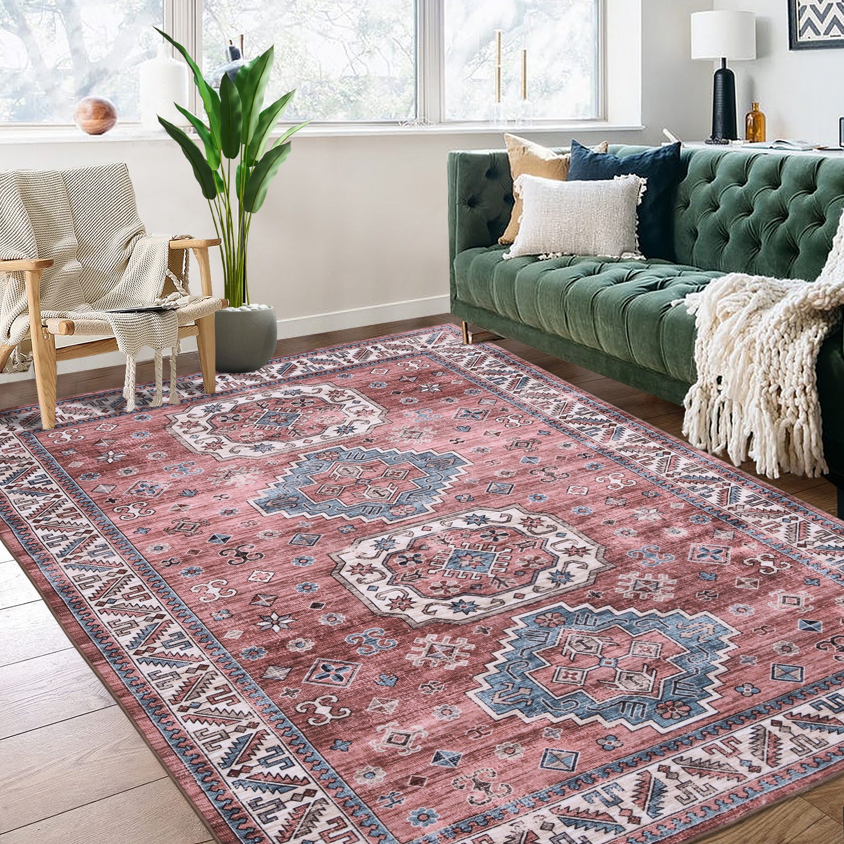Garvee Vintage Washable Area Rug 3x5 Boho Rug Faux Cashmere Non Slip Rugs for Living Room Bedroom Oriental Rug Mat Stain Resistant Throw Rug Kitchen Dining Home Office